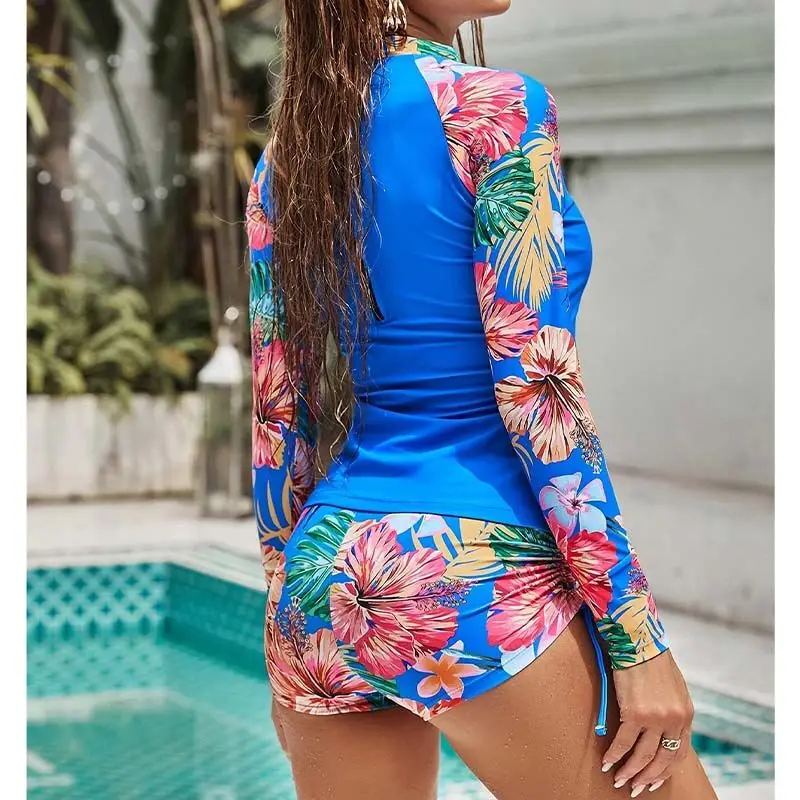 Long Sleeve Two Pieces Surfing Swimsuit Women 2023 New Floral Drawstring Swimwear Female Rash Guards Swim Beachwear Bathing Suit