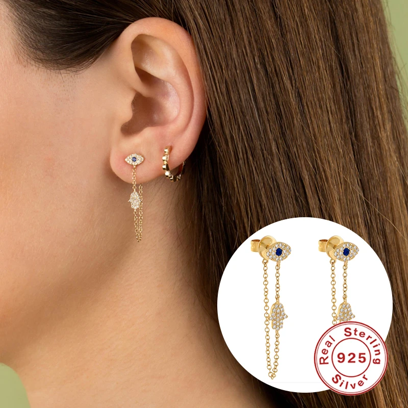 

925 Silver Original Jewelry Creative Devil's Eye CZ Stud Earrings For Women Fashion Chains Piercing Earrings Female Pendientes