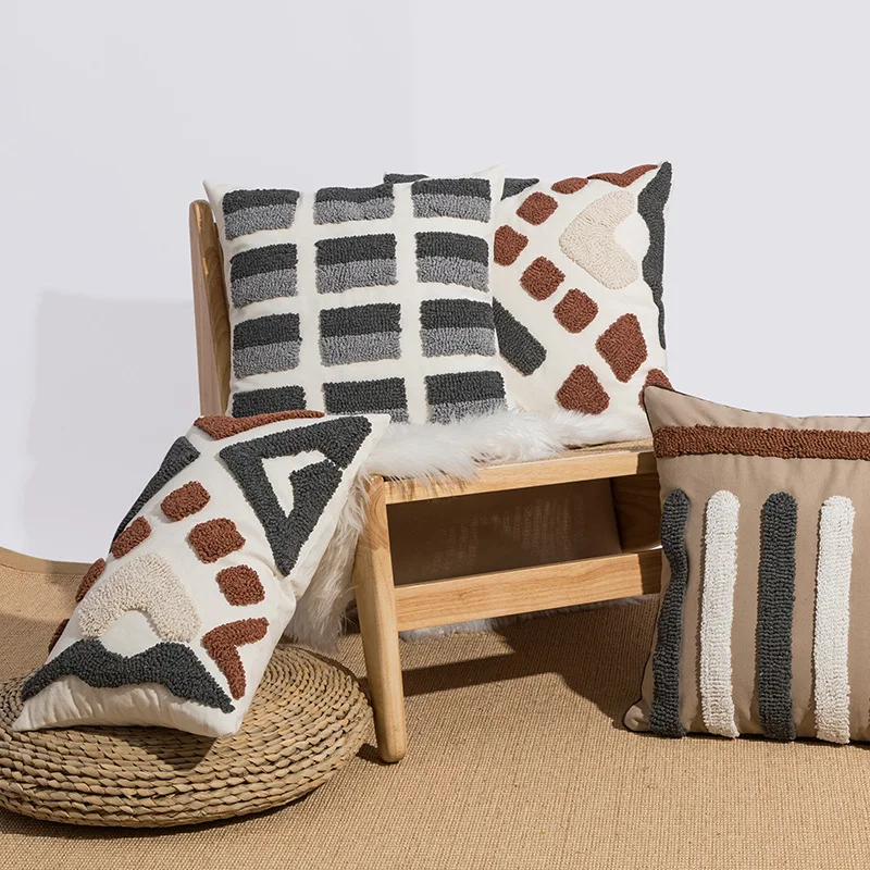 

Boho Loop Tufte Cushion Cover Cotton Canvas Geometric Embroidery Decorative Pillow Cover for Sofa 45x45/30x50cm Throw Pillowcase