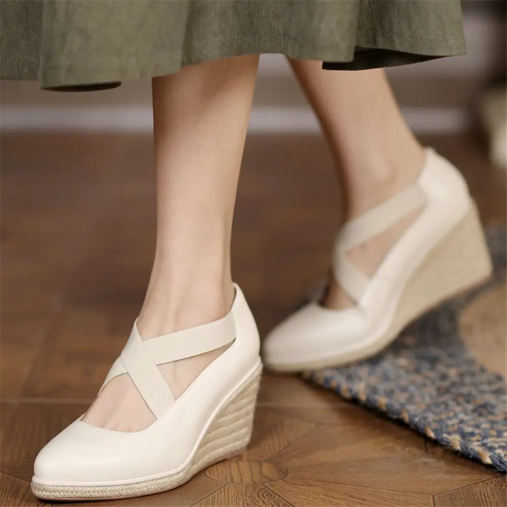 Mary Janes Loafers Women's Cow Leather Platform Wedge High Heels Pointed Toe Sandals Oxfords Casual Shoes