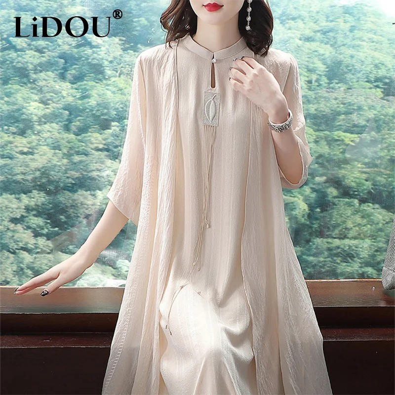

2023 Summer Literary Vintage Elegant Fashion Chiffon Robe Ladies 3/4 Sleeve Embroidery Two Pieces Set Dress Vestidos De Fiesta