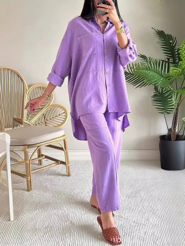 Женский Комплект Из Двух Предметов Лето 2023 Льняная Хлопковая Смесь Широкие Брюки