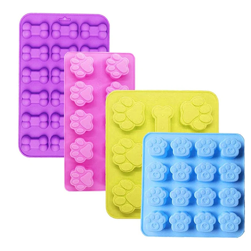 

4 Pack Dog Treat Mold Puppy Paw Bone Silicone Mould Ice Cube Tray Soap Tools Pet Frozen Treats Gummy For Fur Baby Chocolate