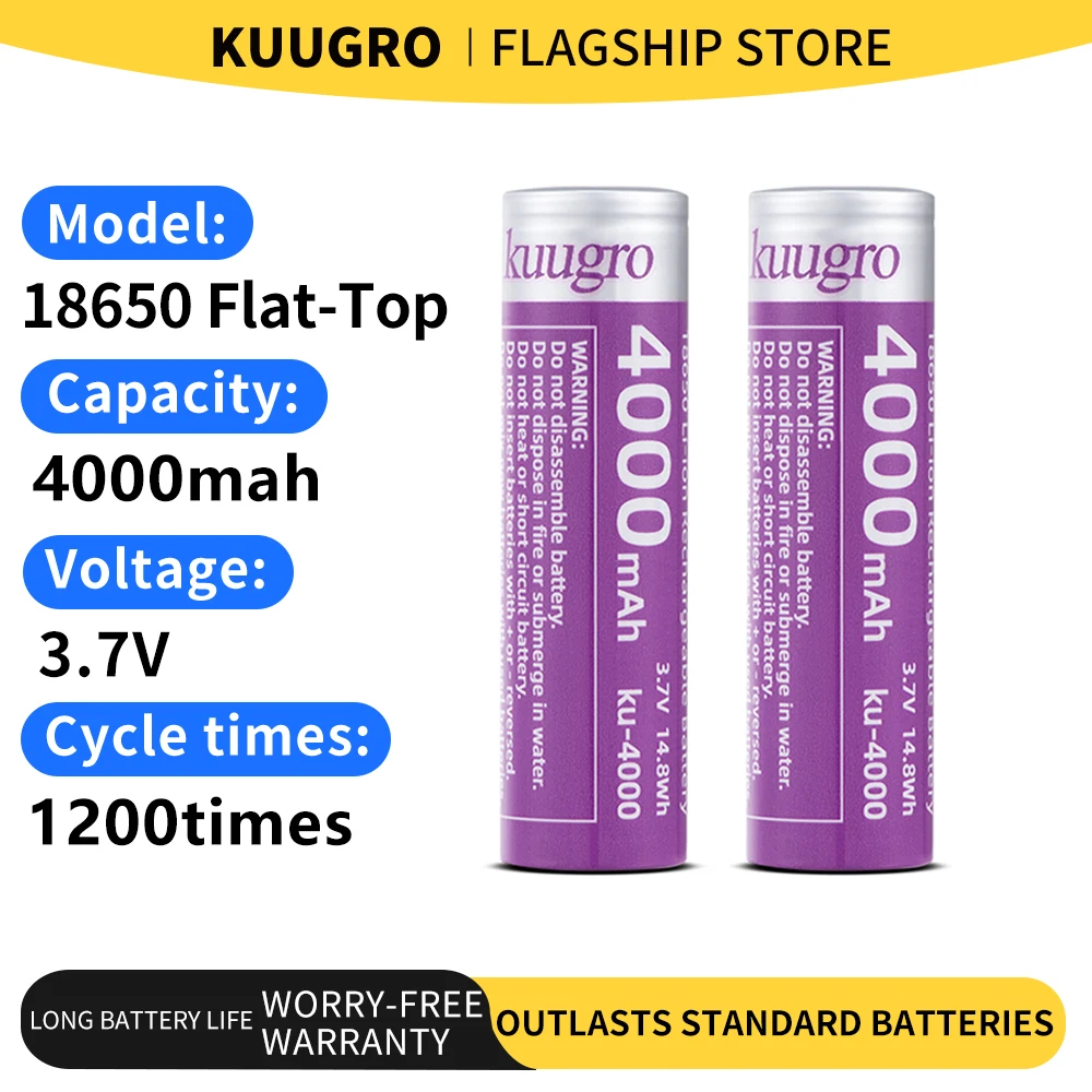 Фото Kuugro ku-4000 Аккумулятор высокой емкости 18650 4000 мАч 3,7 В 12 А Разрядные аккумуляторные батареи для фонариков №1