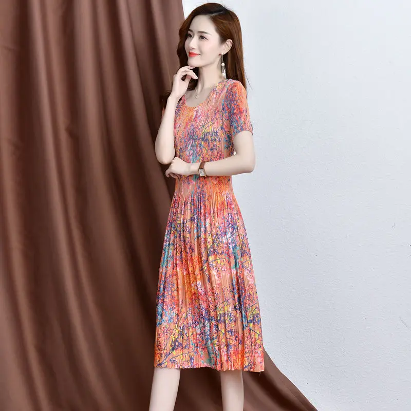

Print skirt dress female 2022 new summer festive dress design sexy casual niche high-level o neck short sleeve dress waist