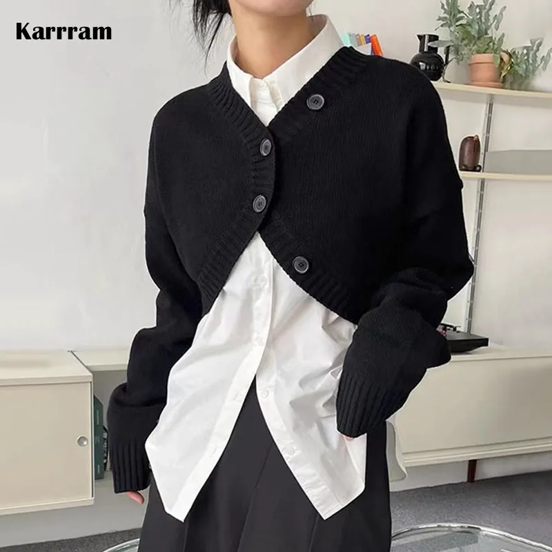 

Karrram корейский модный нестандартный Укороченный кардиган Kpop Вязаная Шаль в японском стиле преппи плащ уличная Дизайнерская одежда