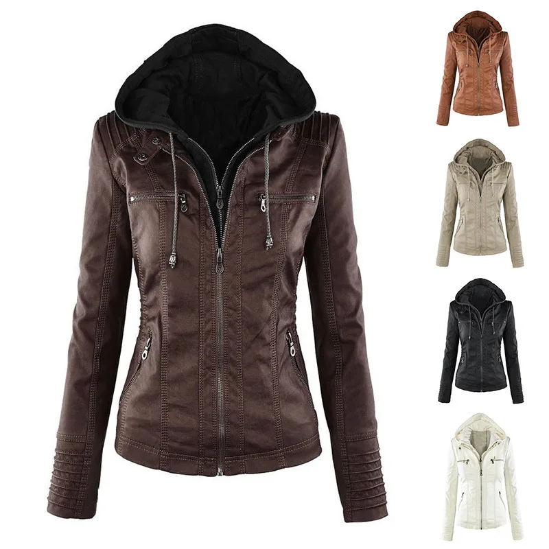 Autumn and Winter Women's Hooded Slim Leather Jacket Slim Skinny Vintage Fashion Faux Leather  Jaqueta Feminina Jackets Hooded