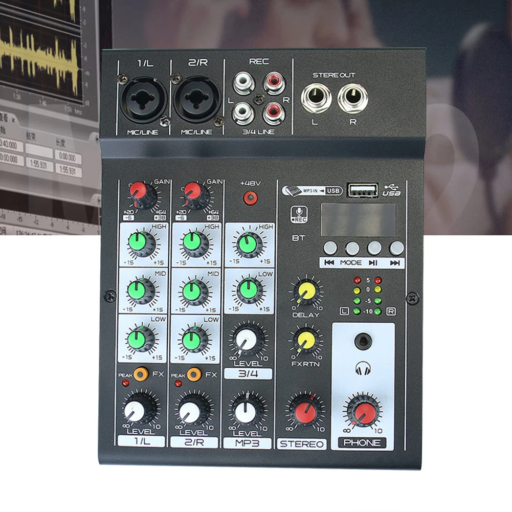 

4-Channel DJ Sound Controller Mini Mixer Portable Mini Audio Mixer Sound Card USB Drive Playback Bluetooth-compatible US/EU Plug