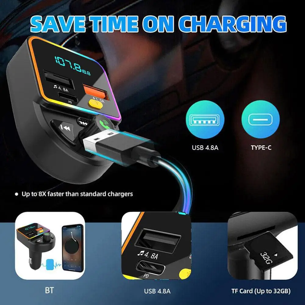 

1pc Car Bluetooth 5.0 FM Transmitter PD Type-C Dual USB MP3 Fast 4.8A Handsfree Light Player Colorful Modulator Ambient Cha K1O0