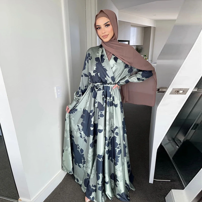 Eid Ramadan Malaysia Muslim Dubai Dress Women 2022 Maxi Long Sleeve Print Abaya With Belt Traditional Arabic Moroccan Lady Dress