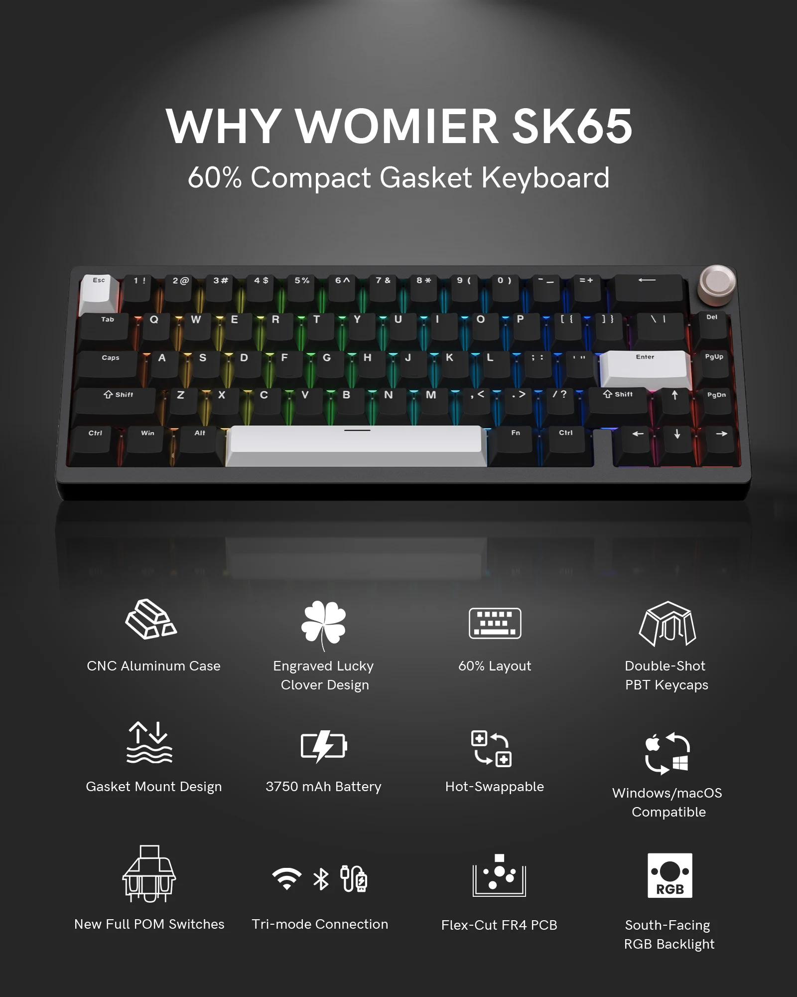 Клавиатура Womier SK65 65% механическая трехрежимная из алюминиевого сплава