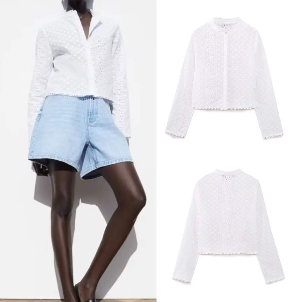 

Женская свободная рубашка с вышивкой, круглым вырезом и длинными рукавами