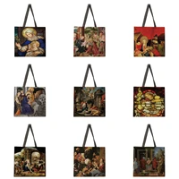 virgin oil painting printed womens handbag folding reusable shopping bag linen handbag