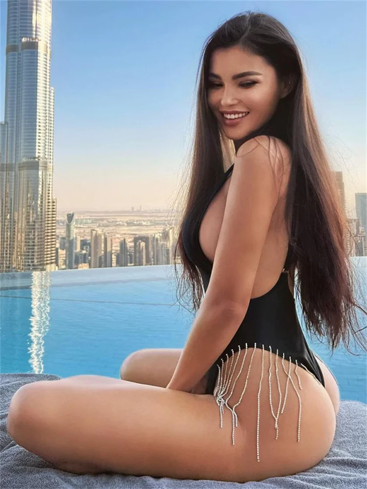 

CHRONSTYLE Diamonds Chain Patchwork Bodysuits Tops Women Sleeveless V-neck Strap Black Jumpsuits Rompers Beachwear Summer 2022