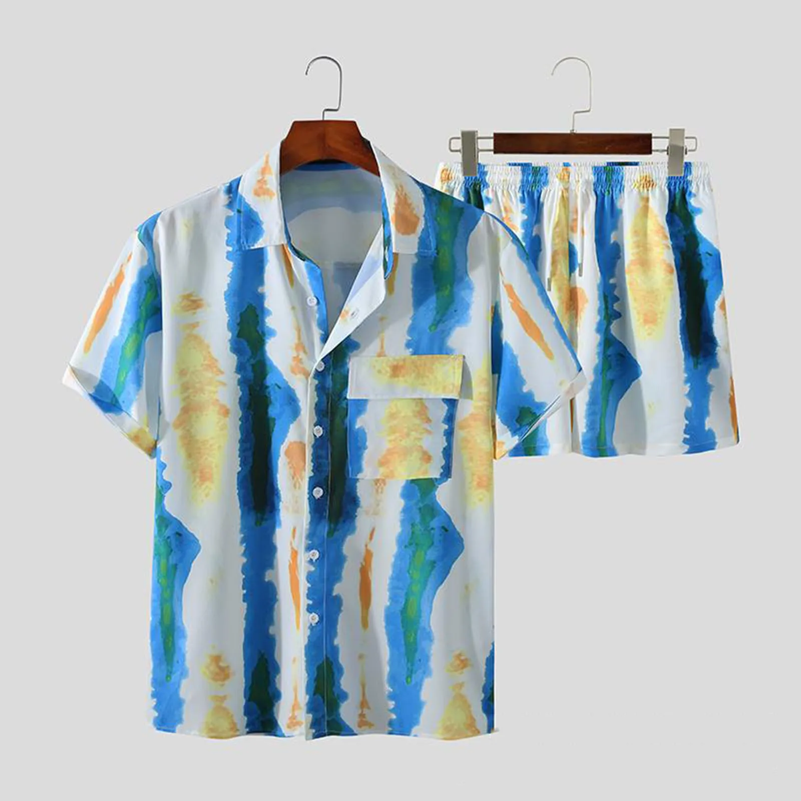 

Fashion Men Striped Sets Streetwear Lapel Short Sleeve Shirt Drawstring Shorts 2022 Casual Men's Hawaiian Suits Chandals Hombre