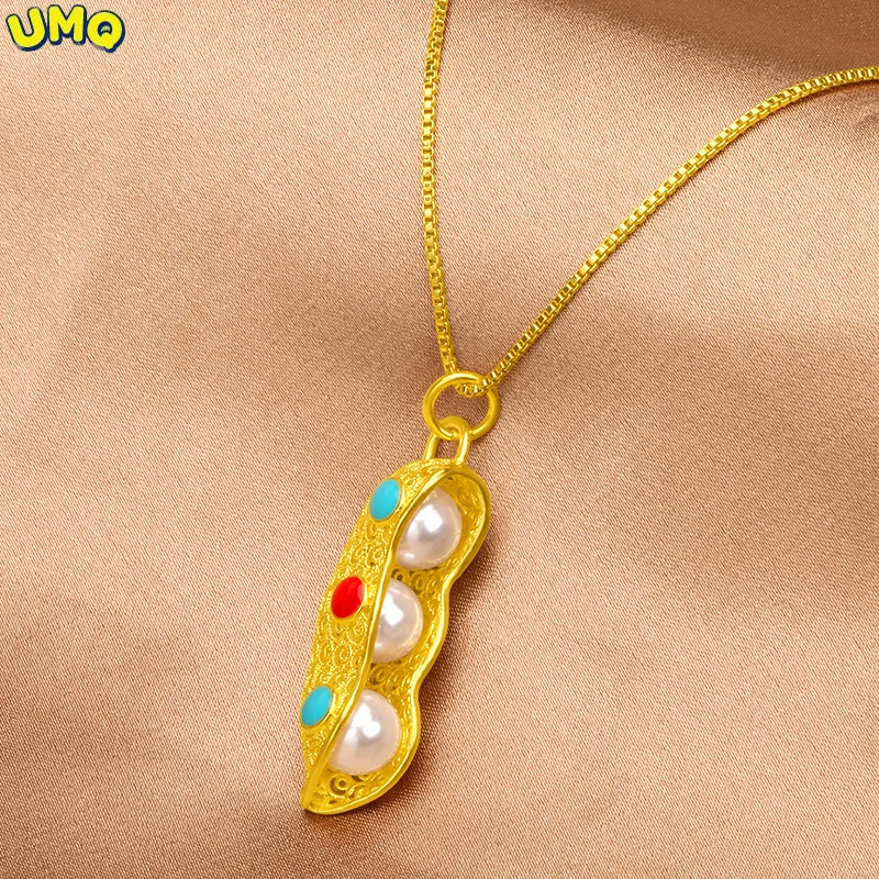 Hi 3d Women 24k Gold Hollow Out Peas Pendant Necklace for Female Party Jewelry with Box Chain Birthday Gift Girl Not Fade