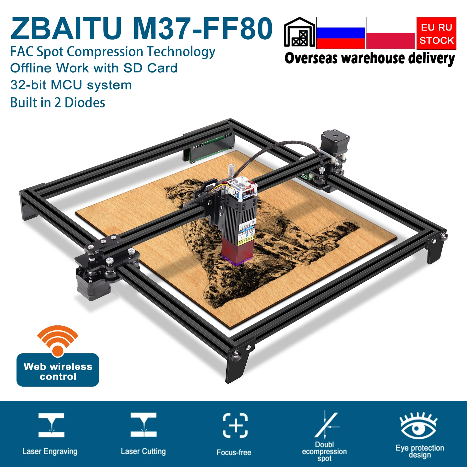 Special Price ZBAITU Wireless CNC Laser Engraver Machine with 32 Bit Mainboard,Cutter,Wood Router,Engraving,Cutting Machine,M37 FF80 37X37CM