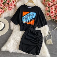 spring summer sets women o neck short sleeve t shirt tops slim pleated split knitted skirt two piece suit female tracksuits