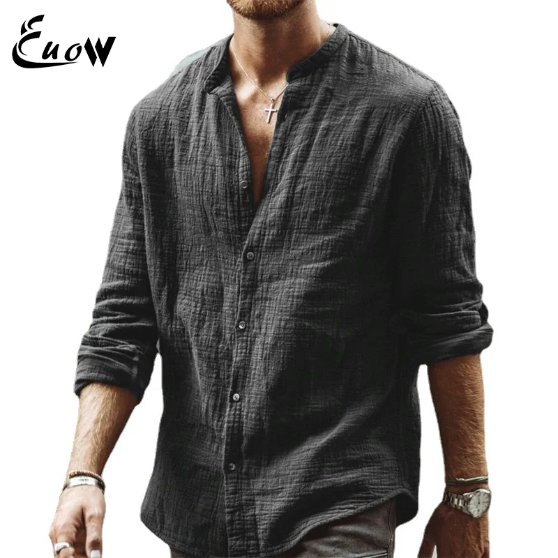 

EUOW 2022 Fashion Spring Men's Linen Casual Slim-Fit Shirt Long Sleeve Lapel Shirts Men Clothing Breathable High Quality Tops