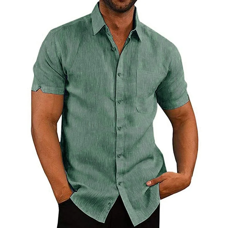 

Men Clothing 2022 Summer Men's Shirts Casual Fashion Lapel Solid Color Short Sleeve Men's Cotton Linen Shirts