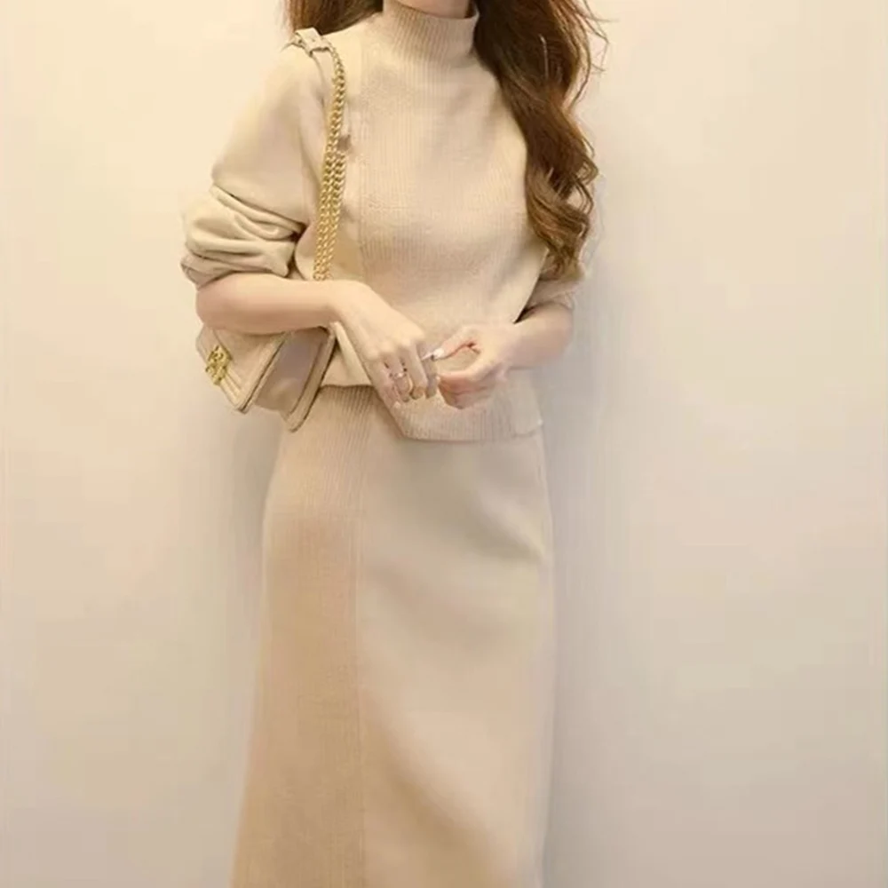 

Women's Sweater Knitted Two-piece Set Professional Suit Half Turtleneck Sweater And Mid Length Skirt Clothing Set Elegant Ladies