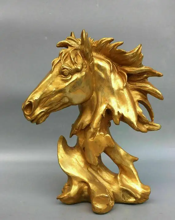 

10" Chinese Old Antique dynasty Exquisite bronze gilt horse head statue