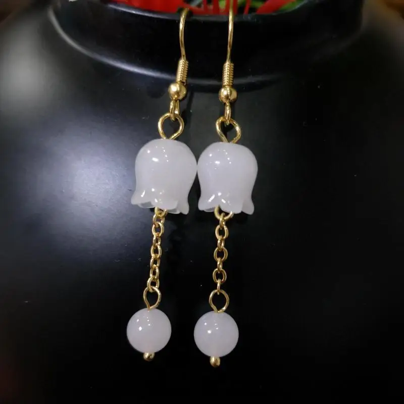 

Natural White Jade Earrings Women Healing Gemstone Fine Jewelry Genuine Hetian Jades Nephrite Bell Orchid Round Drop Earring