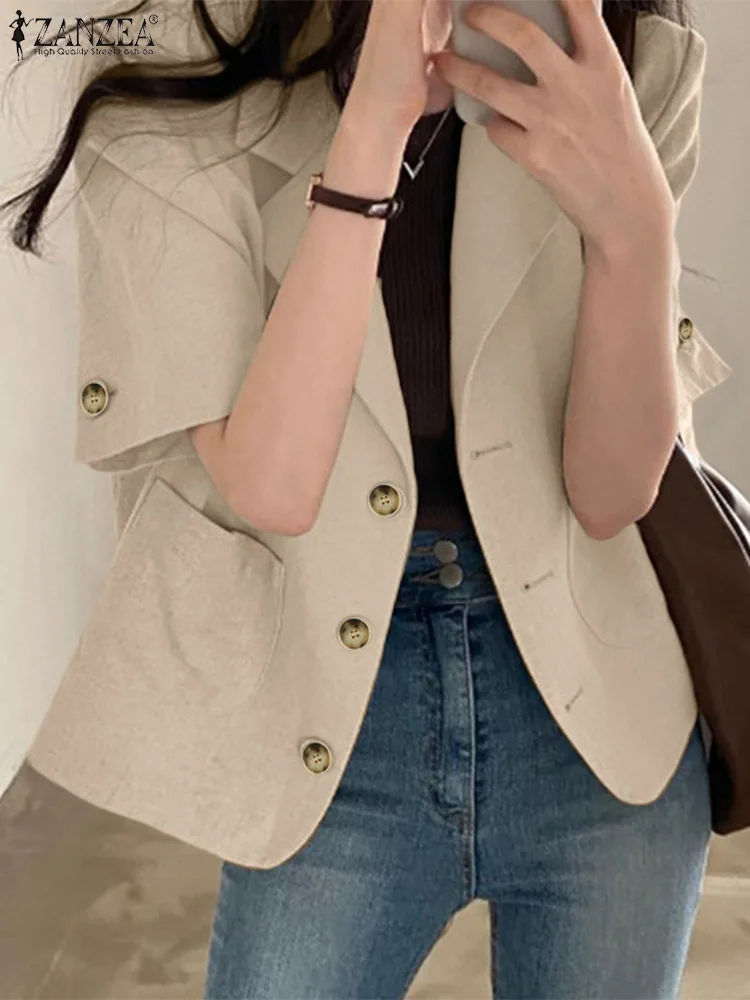 

Женский пиджак с отложным воротником, коротким рукавом и пуговицами