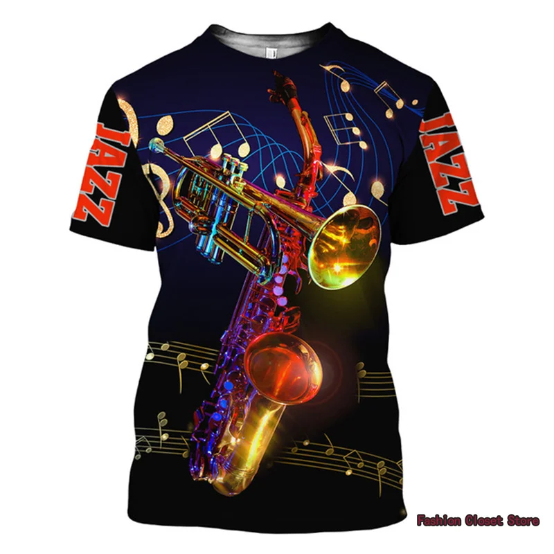

Men T-shirt 3D Print Jazz T-shirt 3D Print Sax Guitar Clarinet Men's T-shirt Classic Music Instruments Short Sleeve Hip Hop Tees