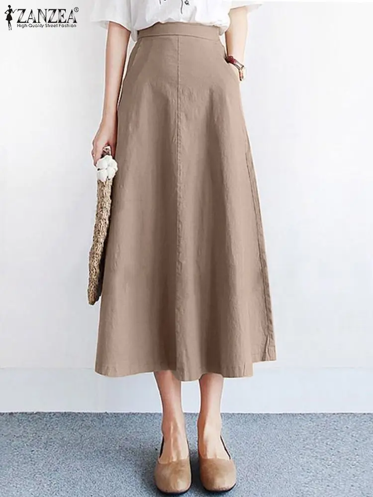 

ZANZEA Women Elegant Vintage Skirts Faldas Saia Fashion Mid-Calf Length Vestidos Summer A-line Office Skirt Female Loose Dress