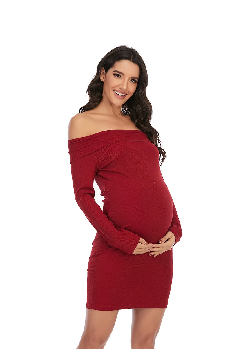 

Maternity Dress Casual Solid Color Long-sleeved One-shoulder Dress for Pregnant Women Clothes Photography Sexy Skinny Vestidos