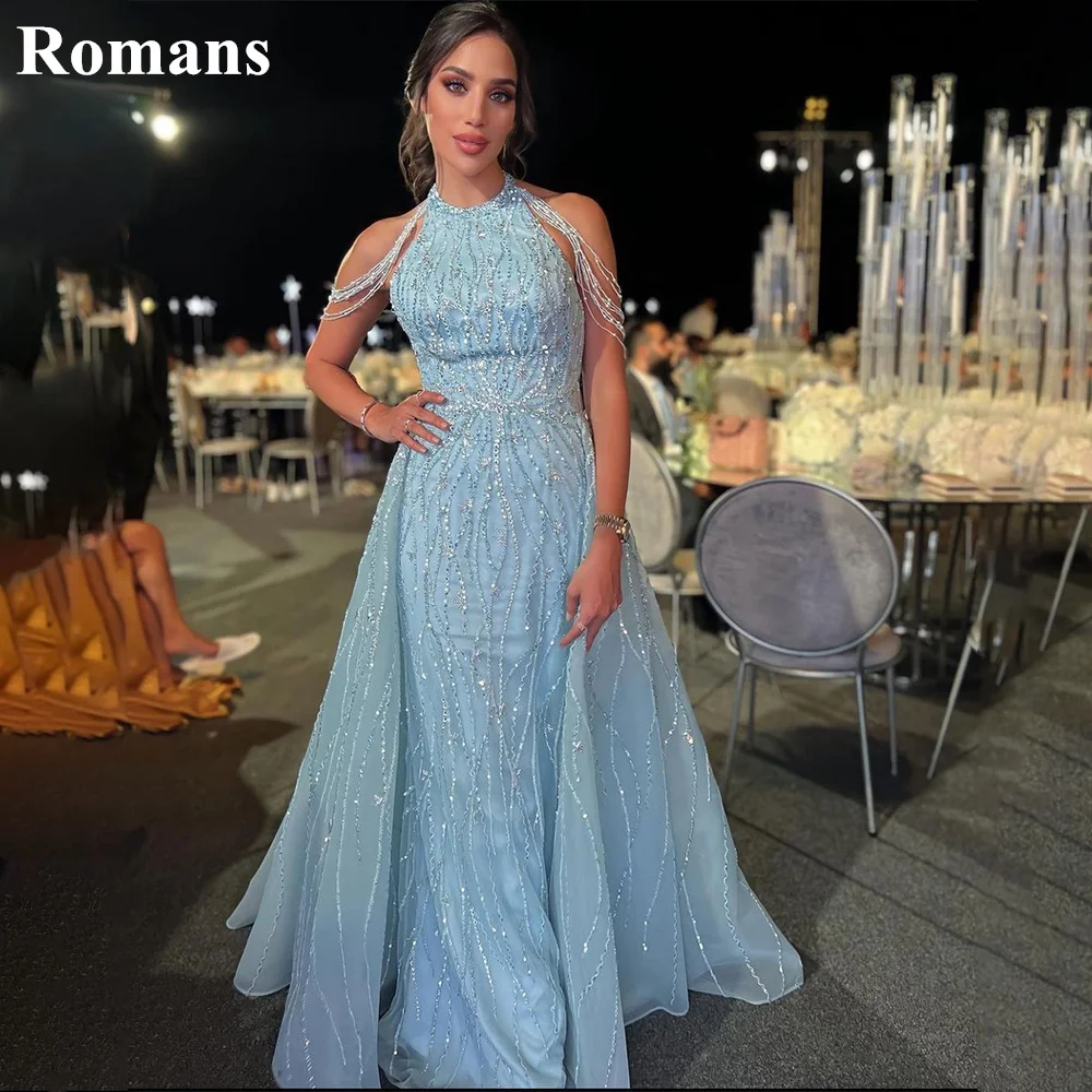 

Romans Sky Blue A-line Evening Dresses For Women High Neck Sequin Backless vestidos de festa robe femme soirée vestidos de novia