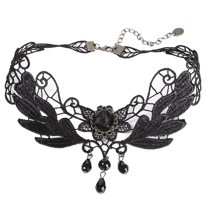 1 pcs gothic vintage hot sale women black rose teardrop pendant sexy lace necklace lolita collar necklace brand newly free global shipping