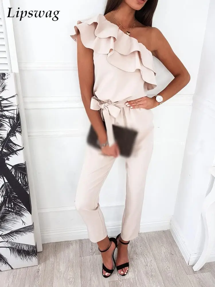 

Women Sexy Double Ruffle Jumpsuit Fashion Skew Collar Office Ladies Summer Romper Elegant Lace-Up Pencil Pant Playsuit Overalls