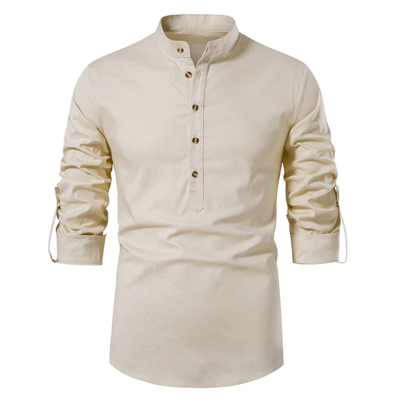 New Men's Linen Henley Shirts Long Sleeve Cotton Shirts Beach Yoga Loose Slim Fit Henley Tops Men's Casual Shirts