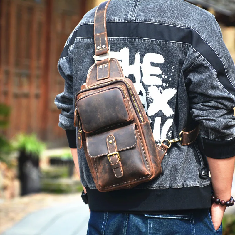 Vintage crazy horse cowhide men's chest bag fashion outdoor daily travel natural genuine leather multi-pocket shoulder bag