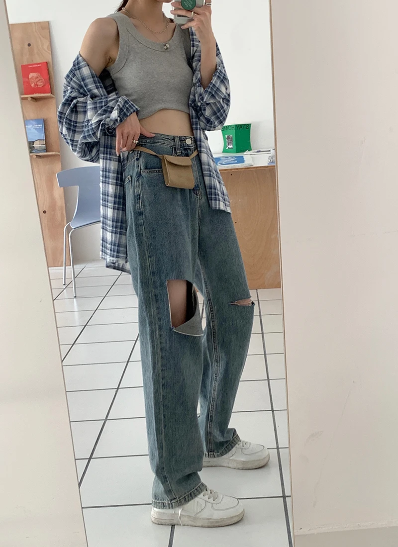 Jeans Women's Summer Blue Casual Vintage Cut Hole High Waist Slim Loose Straight Leg Wide Leg Floor Dragging Pants