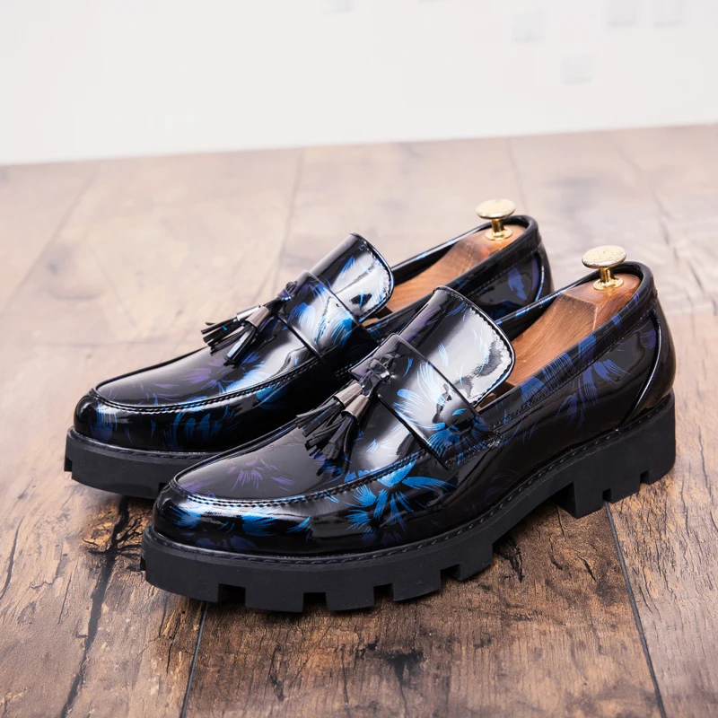 

Mid Heels Mens Oxford Patent Leather Designer British Wedding Dress Formal Slip on Black Blue Stylist Office Shoes for Men Shoes