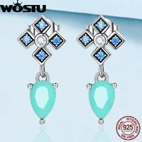wostu 925 sterling silver pear shape turquoise cross stud earrings with blue cz for women drop earring fine jewelry party gift
