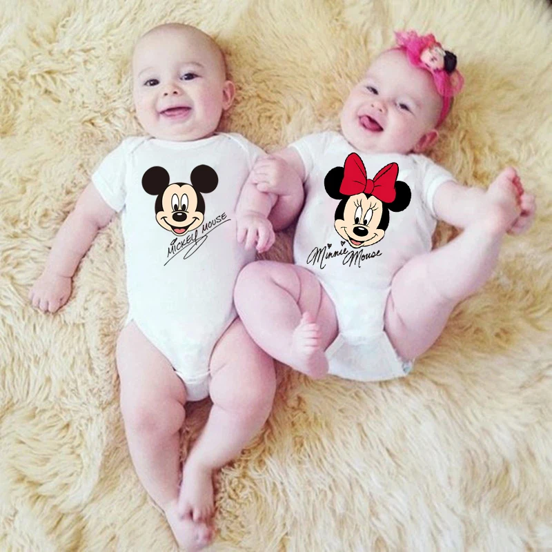 Disney Mickey Mouse Twins Baby Girl Jumpsuit Newborn Baby Boy Clothes Cartoon Mickey Minnie Mouse Twins Short Sleeve Soft Romper