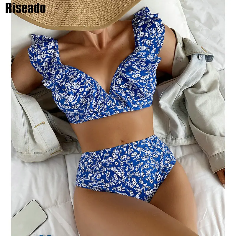 

Riseado Sexy Ruffle Bikinis 2022 Woman High Waist Women's Swimsuit 2022 Floral Print Swimwear Lace Up Biquinis Set Bathing Suits