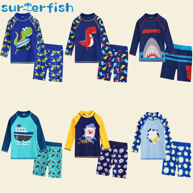 

2023 Kid Boys swimwear Long Sleeve Dinosaur Cartoon toddler bathing suit Beach Swimwear 2pcs children swimsuit zwembroek baby