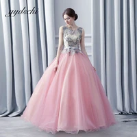 princess tulle appliques prom dresses 2022 pink lace up elegant o neck formal party gown for women sweet evening dress vestidos