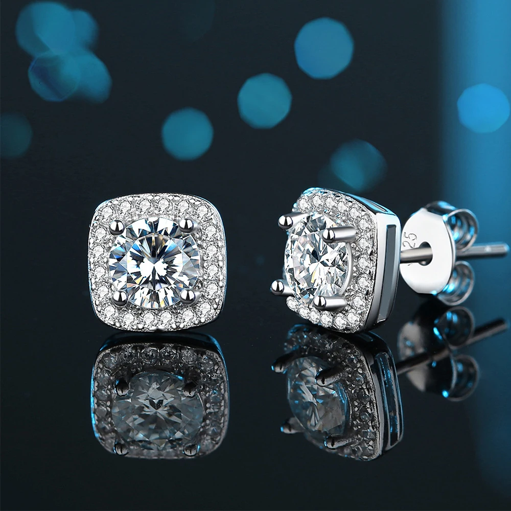 

100% s925 Silver Moissanite Square Bag Серьги с бриллиантами Простые модные серьги из стерлингового серебра Помолвка Свадебные украшения