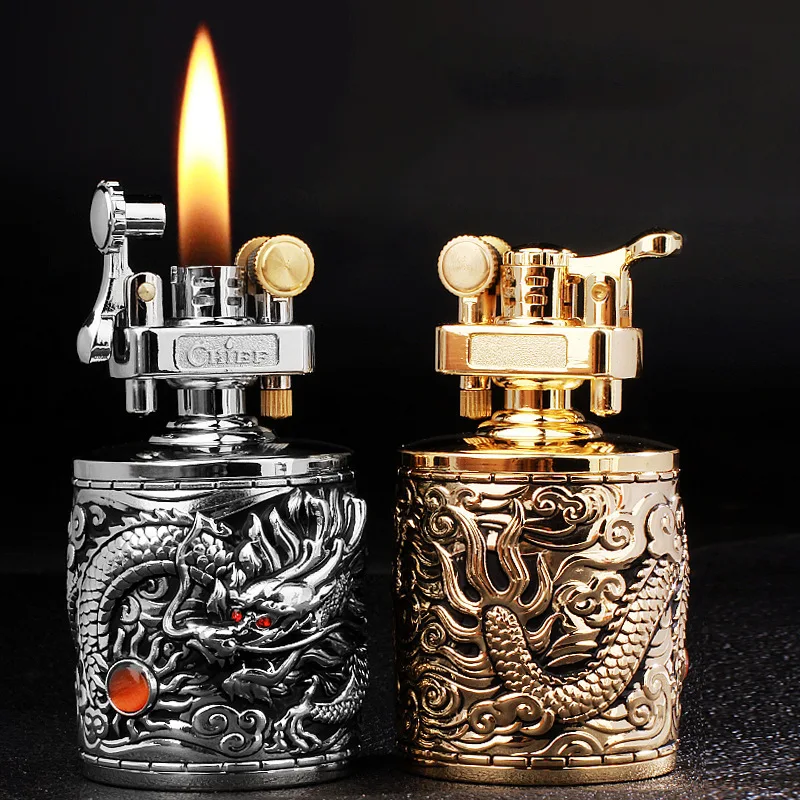 

Lucky Dragon Cool Pattern Leather Lighter Retro Men's Personality Creative Grinding Wheel Kerosene Lighter Smoking Accessories
