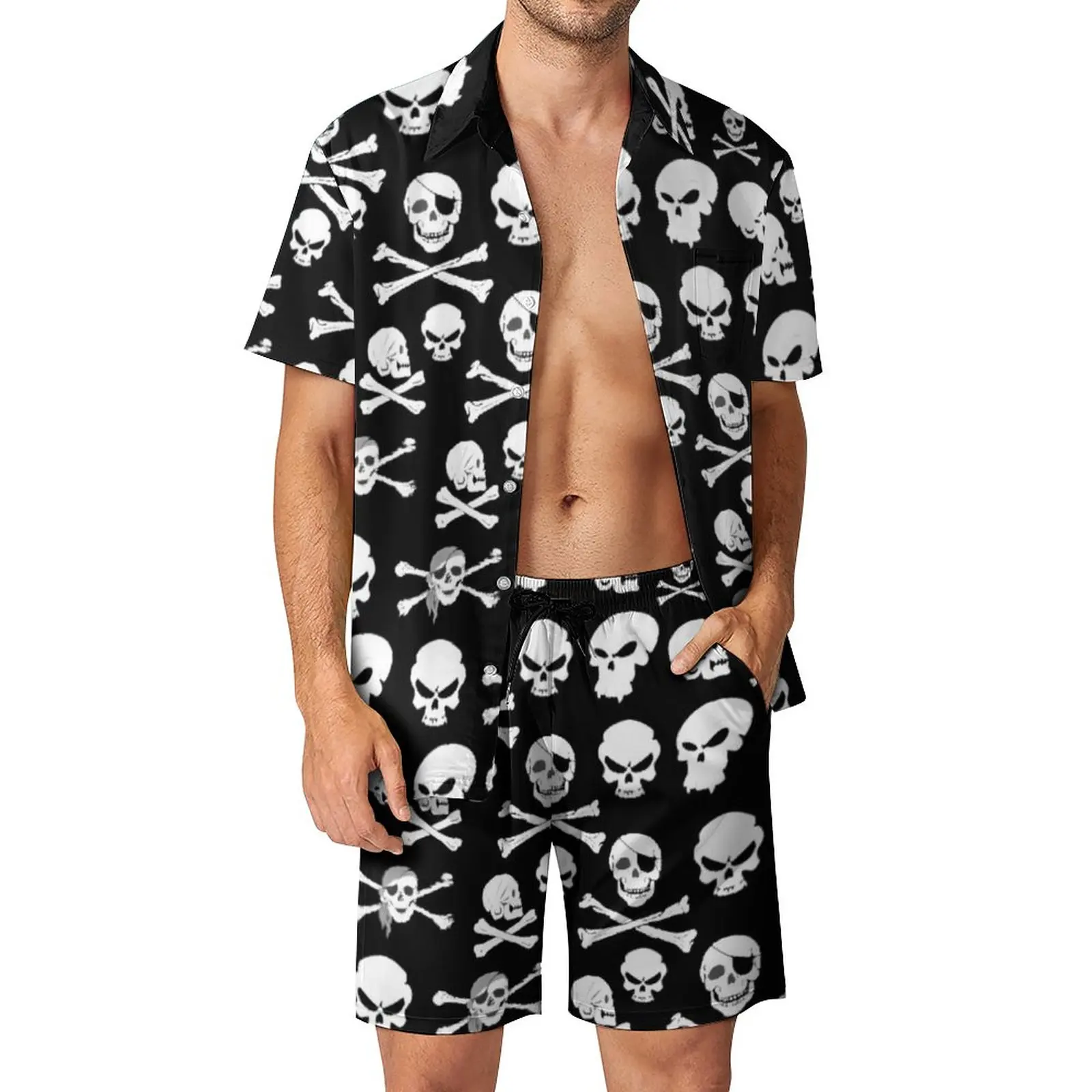 

White Skull Men Sets Pirate Cross Bones Skulls Funny Casual Shirt Set Short Sleeve Custom Shorts Summer Vacation Suit Big Size