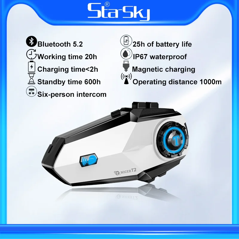 

StarSky Motorcycle Bluetooth Wireless Headset T2 Intercom 1000m For 6People Communication Noise Canceling Music Wireless Speaker