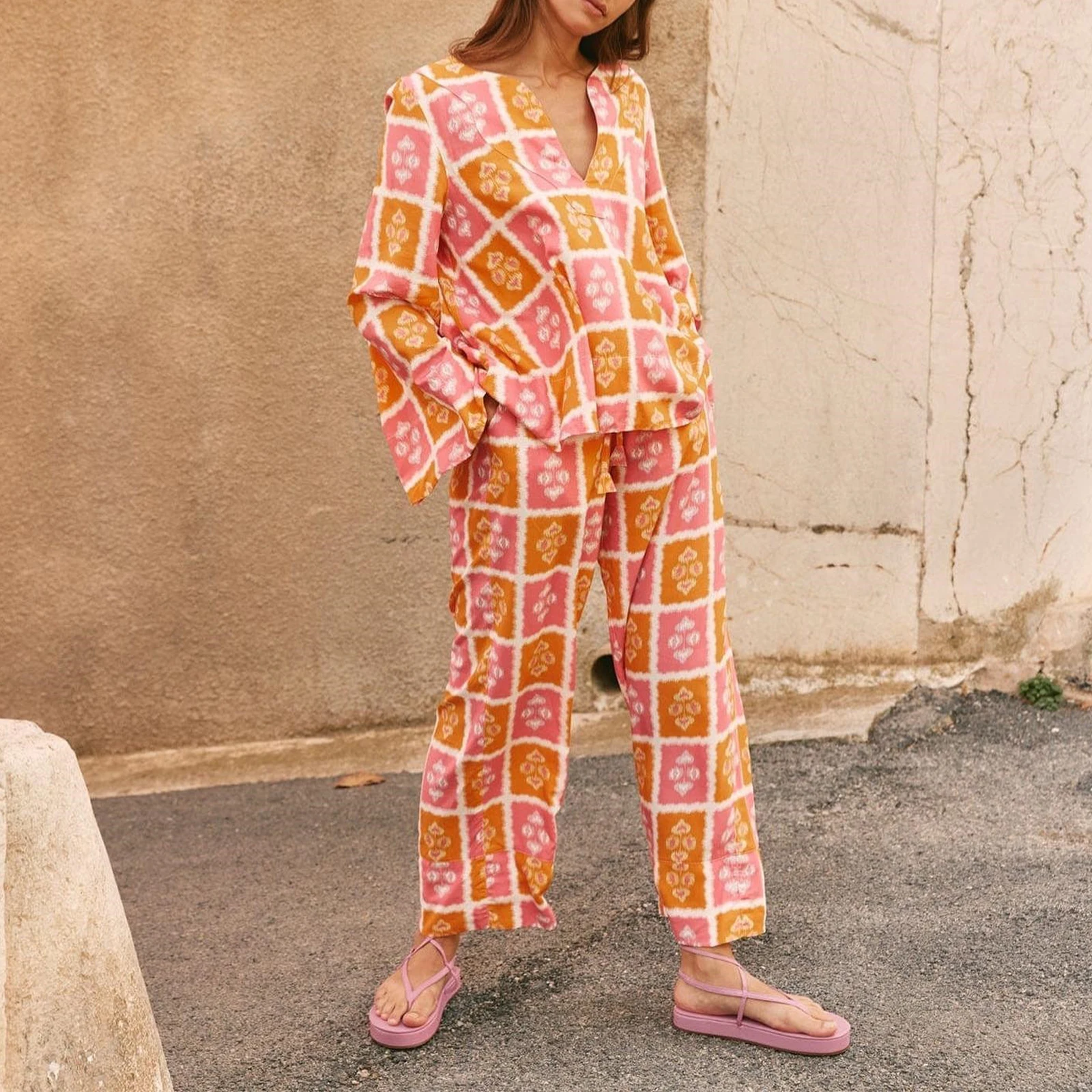 Hirigin Женский пижамный комплект из 2 предметов с цветочным принтом блузка длинным