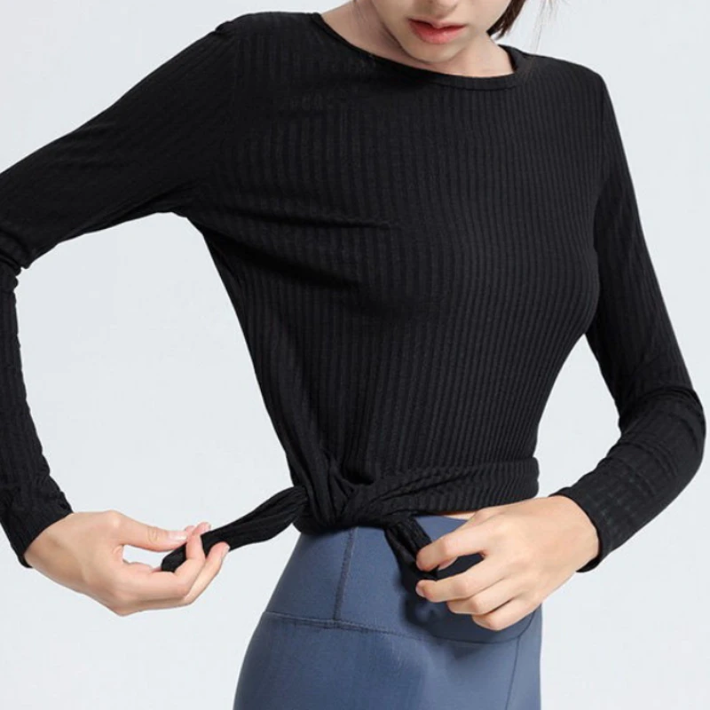 Women's Long-sleeved Ribbed Sports Top Quick Dry Fitness Yoga Irregular Shirts Slim Breathable Round Neck Gym Running Clothing