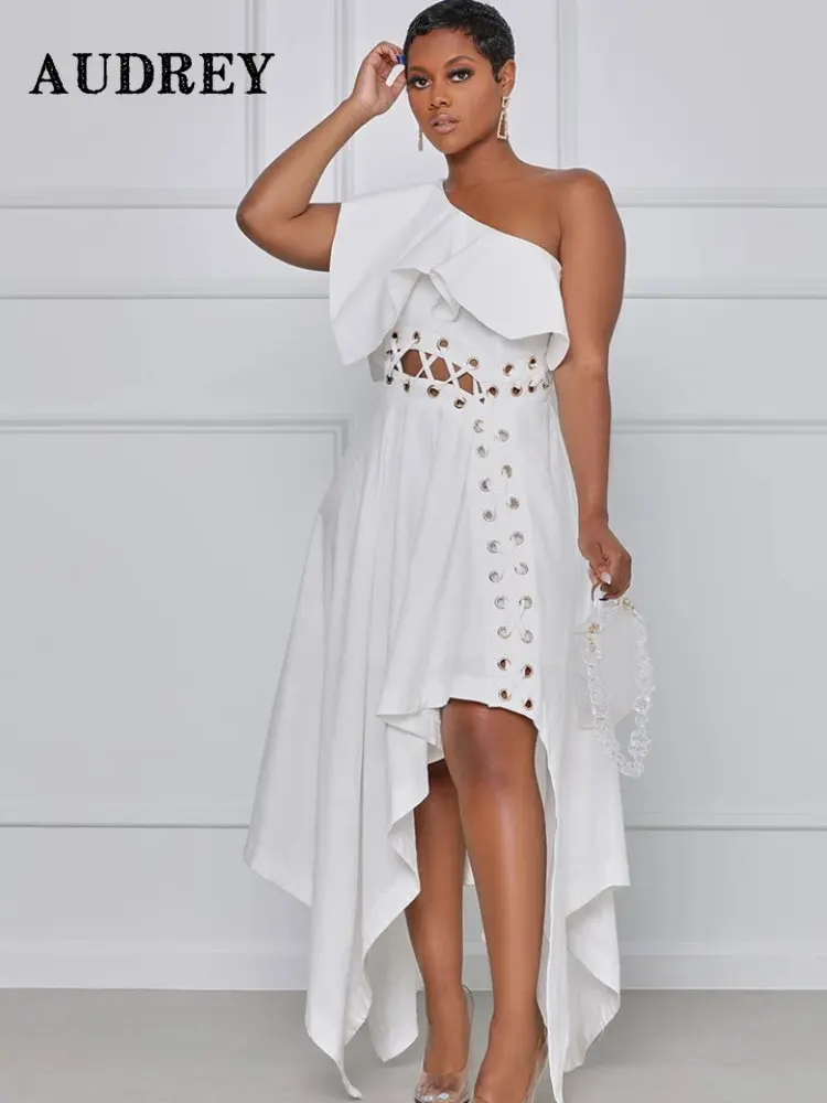 Plus Size One Shoulder Ruffle Sleeve A-line Maxi Dress Women Cutout Bandage Backless Irregular Evening Party Dress Prom Vestidos